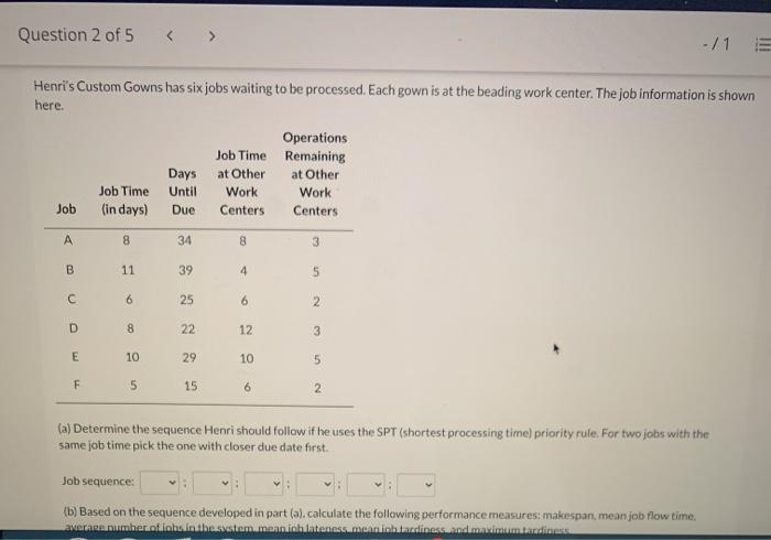 Question 2 of 5 -/1 Henri's Custom Gowns has six