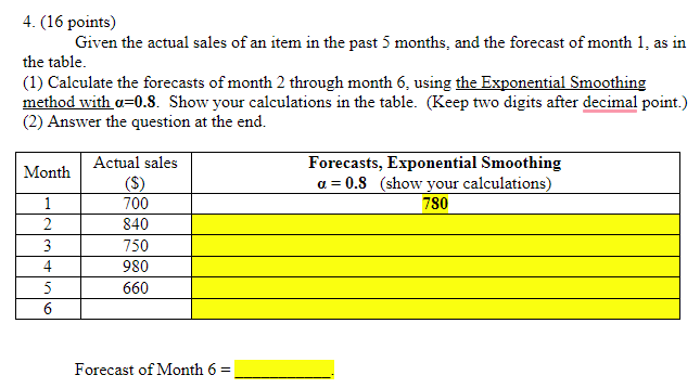 4. (16 points) Given the actual sales of an item