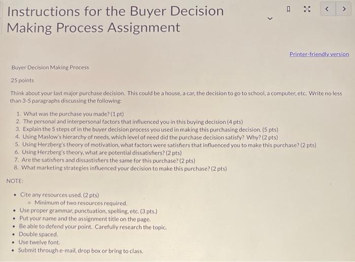 < > > Instructions for the Buyer Decision Making