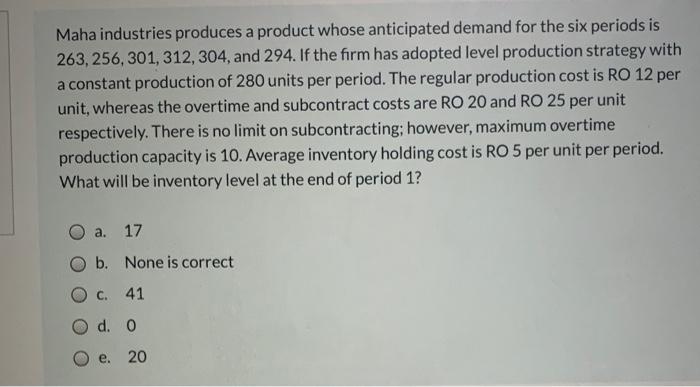 Maha industries produces a product whose