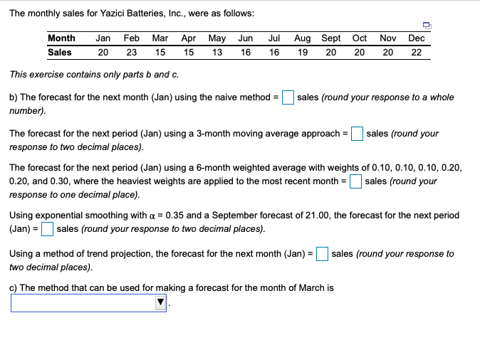 The monthly sales for Yazici Batteries, Inc.,