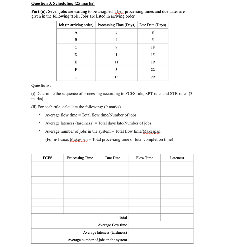Question 3. Scheduling (25 marks) Part (a): Seven