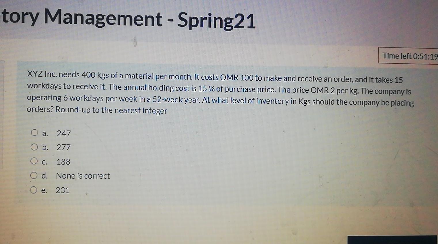 tory Management - Spring21 Time left 0:51:19 XYZ