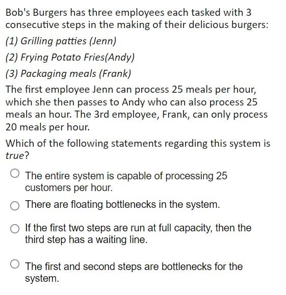 Bob's Burgers has three employees each tasked
