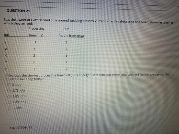 0 2.43 jobs O 3 jobs QUESTION 22 For the jobs