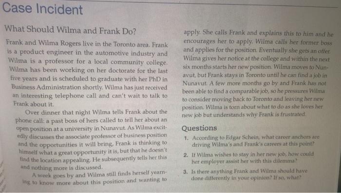 Case Incident What Should Wilma and Frank Do?