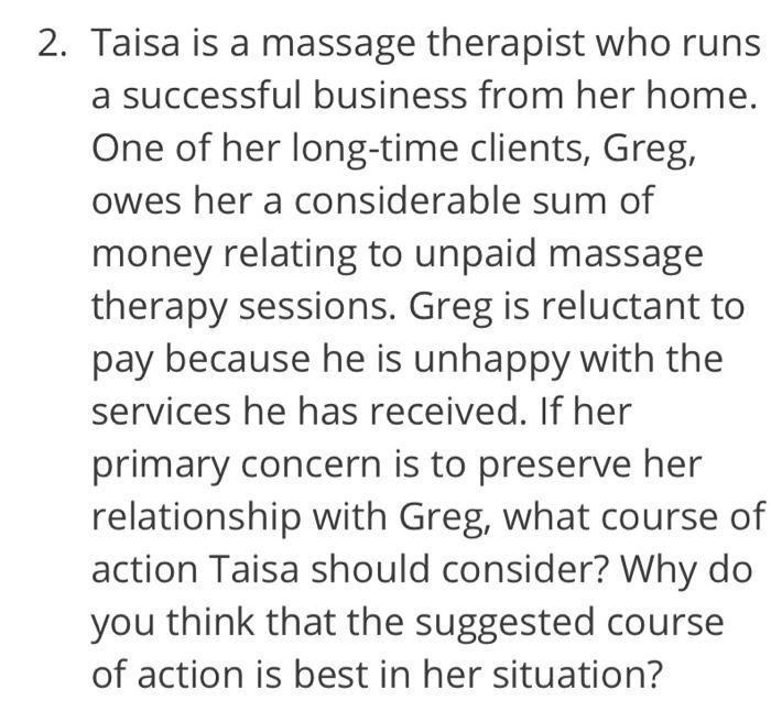 150-200 words answer needed 2. Taisa is a massage