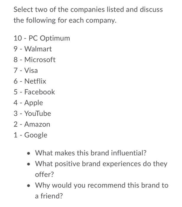 Select two of the companies listed and discuss