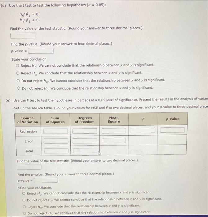 d) Use the t test to test the following