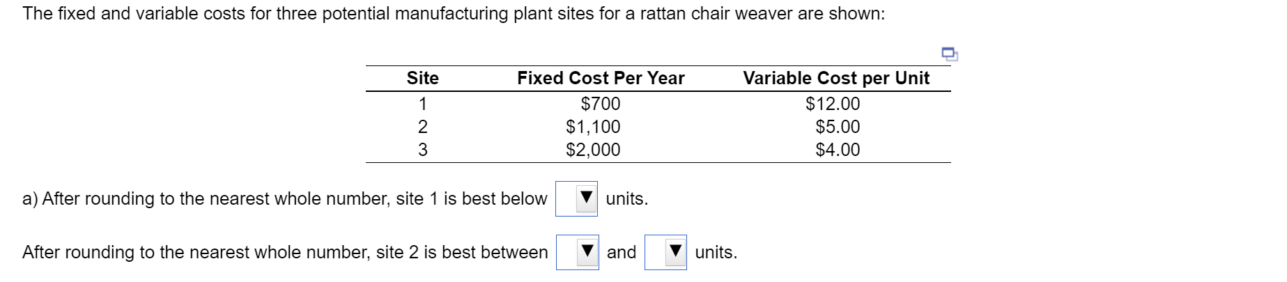 The fixed and variable costs for three potential