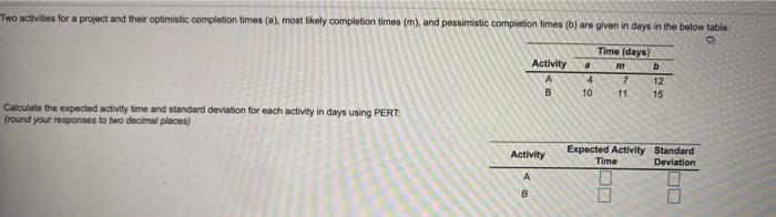 Two activities for a project and their optimistic