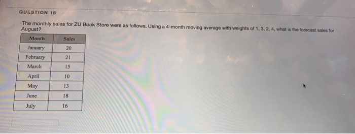 QUESTION 18 The monthly sales for ZU Book Store