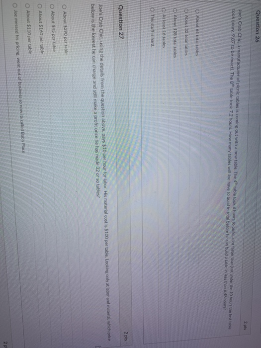 Question 26 2 pts Joe's Crab Chic, a manufacturer