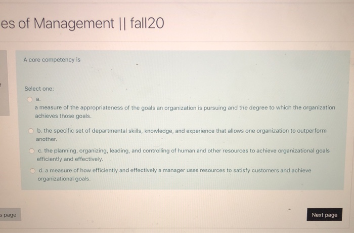es of Management || fall20 A core competency is