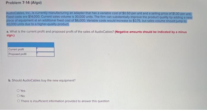 Problem 7-14 (Algo) Audio Cables, Inc. is