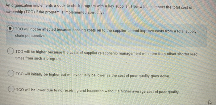 An organization implements a dock-to-stock