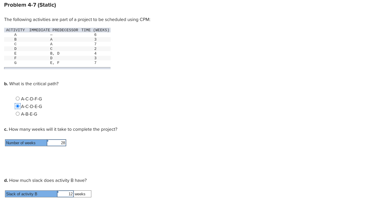Problem 4-7 (Static) The following activities are