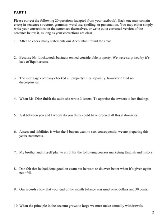 PART 1 Please correct the following 20 questions