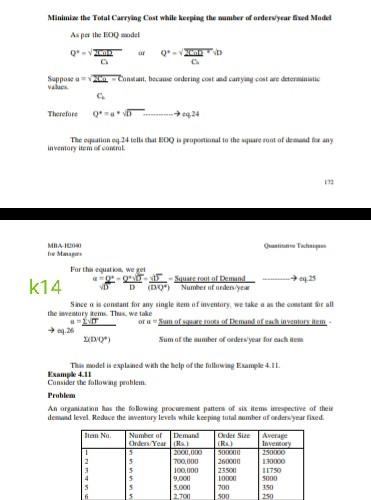 Minimnie the Total Carrying Cost while keeping