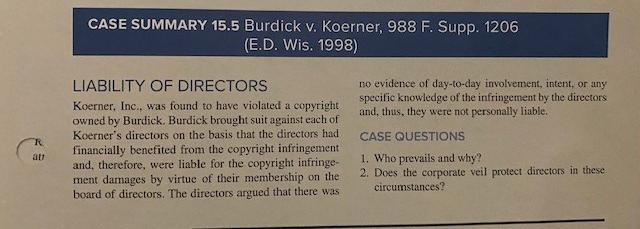 CASE SUMMARY 15.5 Burdick v. Koerner, 988 F.