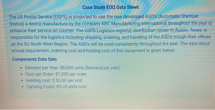 Case Study EOQ Data Sheet The US Postal Service
