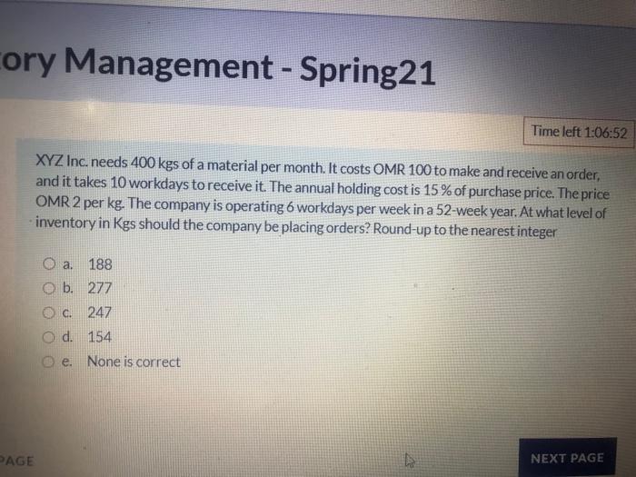 cory Management - Spring21 Time left 1:06:52 XYZ