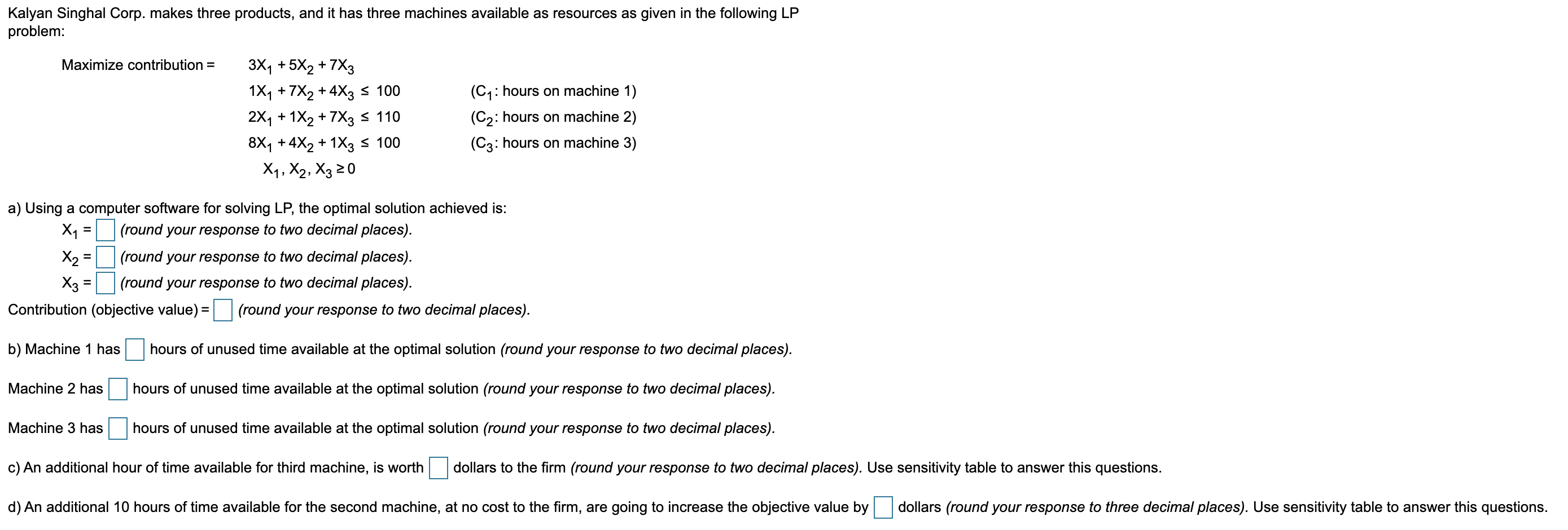 Kalyan Singhal Corp. makes three products, and it