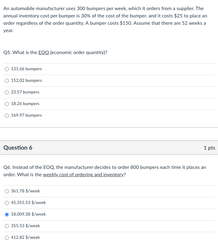 An automobile manufacturer uses 300 bumpers per