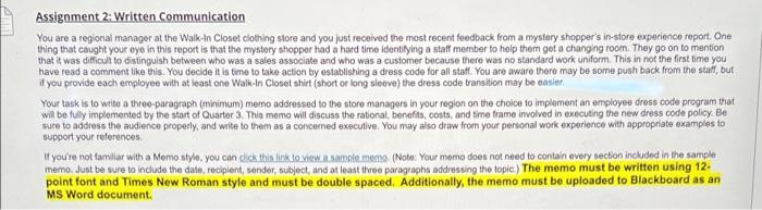 Assignment 2: Written Communication You are a