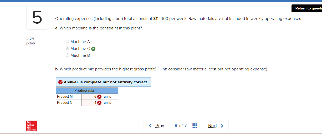 Return to que 5 Product M $190/unit 100