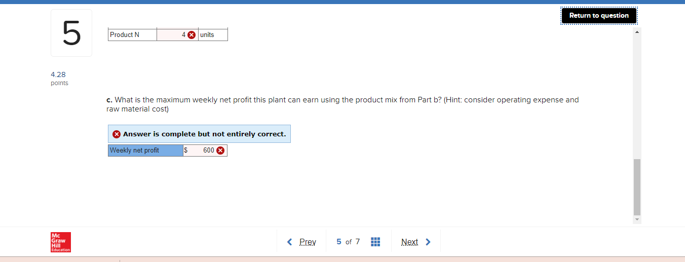 Return to que 5 Product M $190/unit 100
