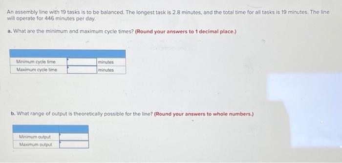 An assembly line with 19 tasks is to be balanced.