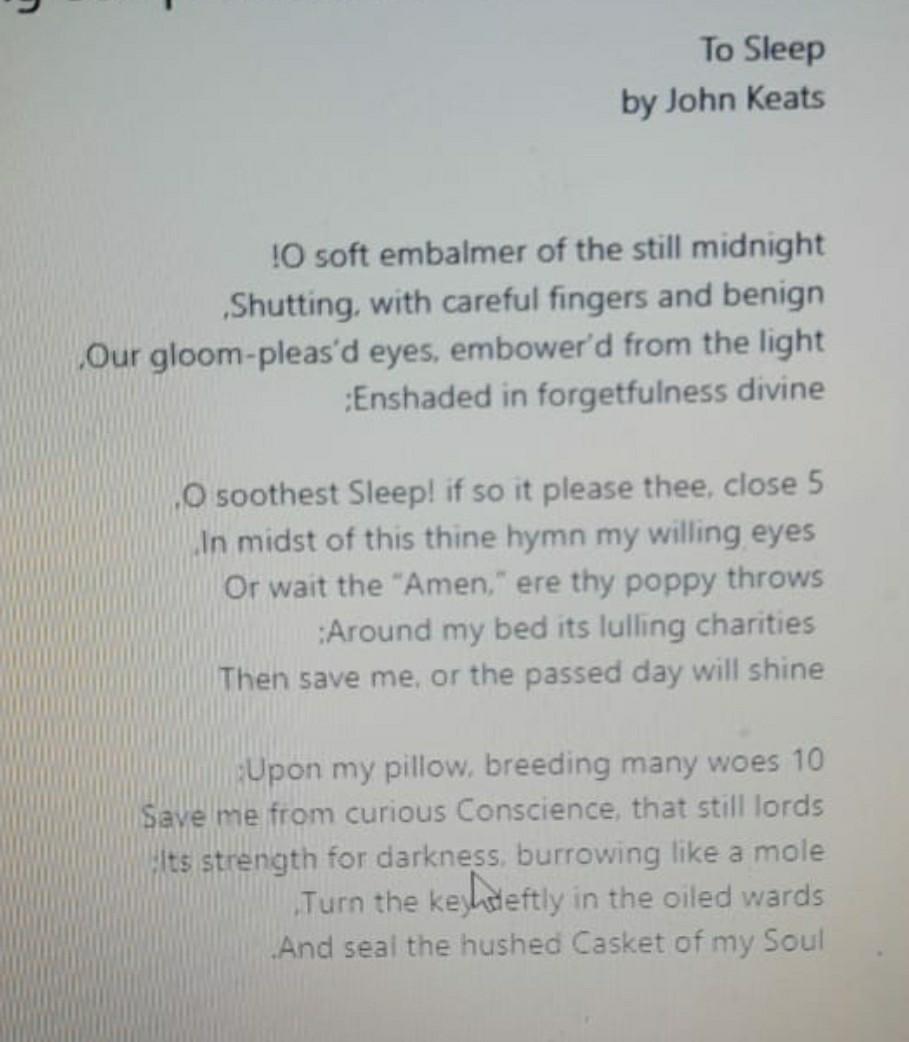 To Sleep by John Keats !O soft embalmer of the