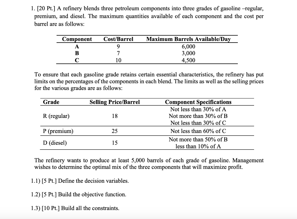 1. [20 Pt.] A refinery blends three petroleum