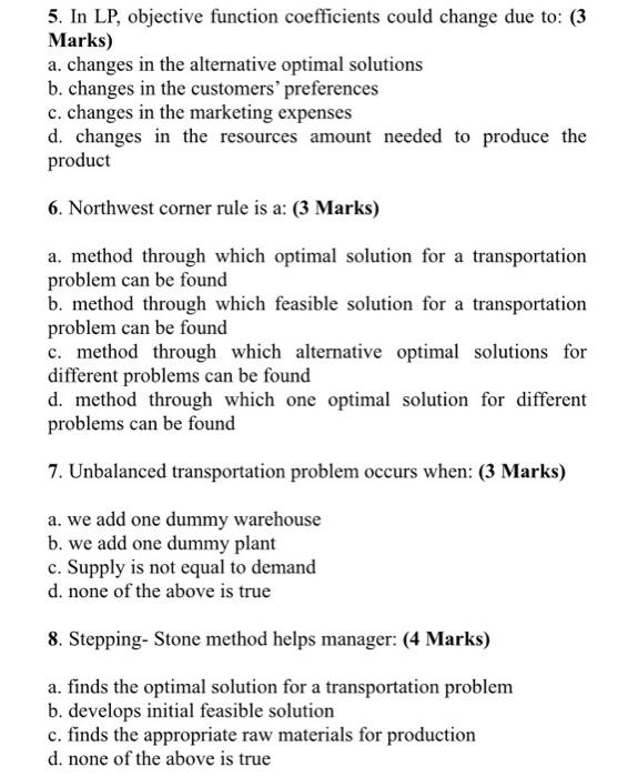 5. In LP, objective function coefficients could