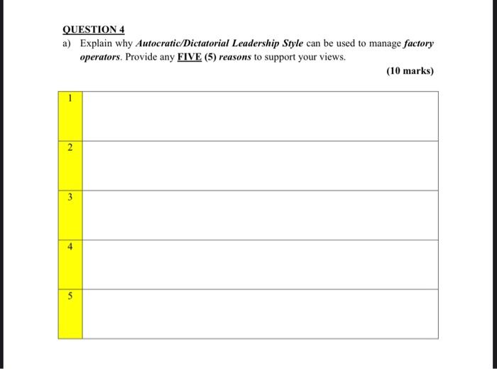 QUESTION 4 a) Explain why Autocratic/Dictatorial