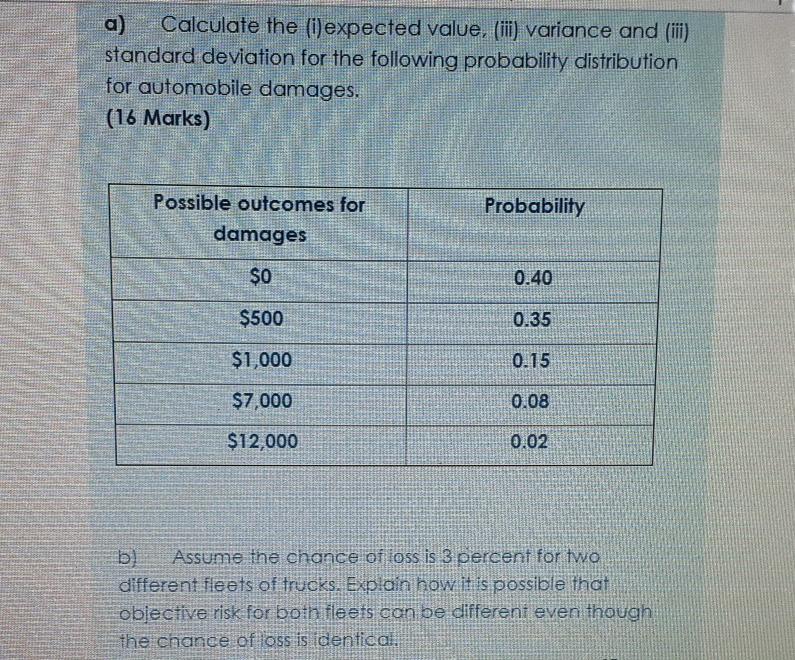 a) Calculate the (i)expected value, (iii)