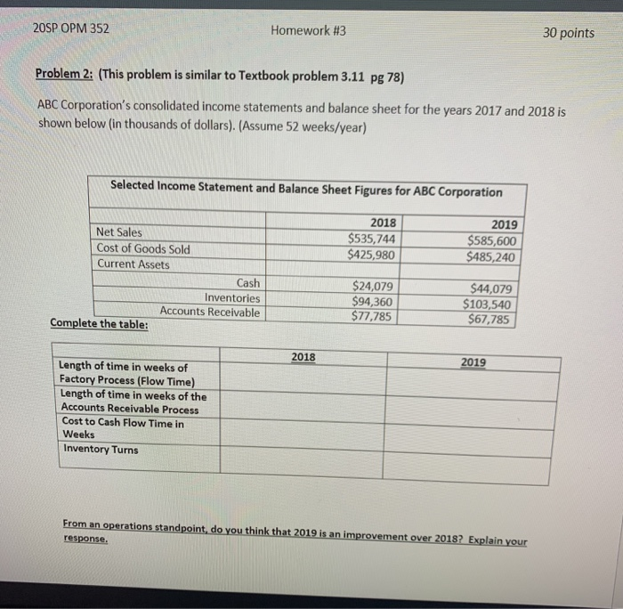 20SP OPM 352 Homework #3 30 points Problem 2: