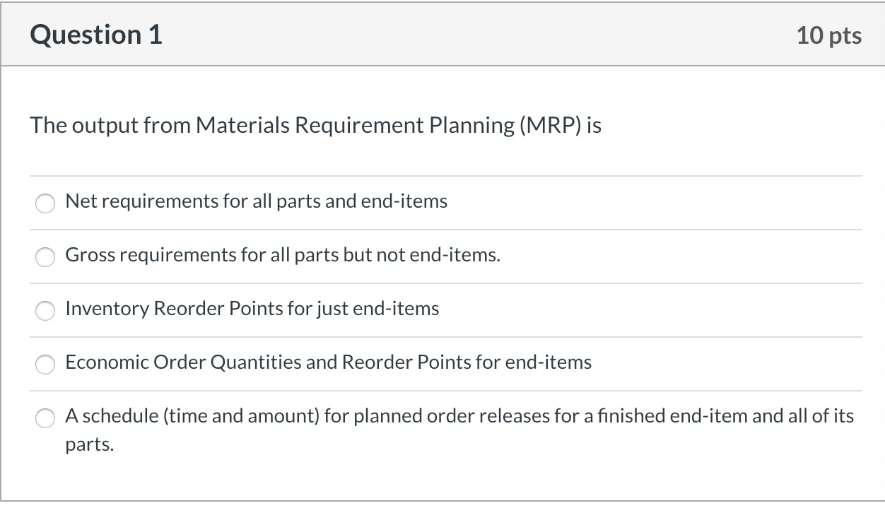 Question 1 10 pts The output from Materials