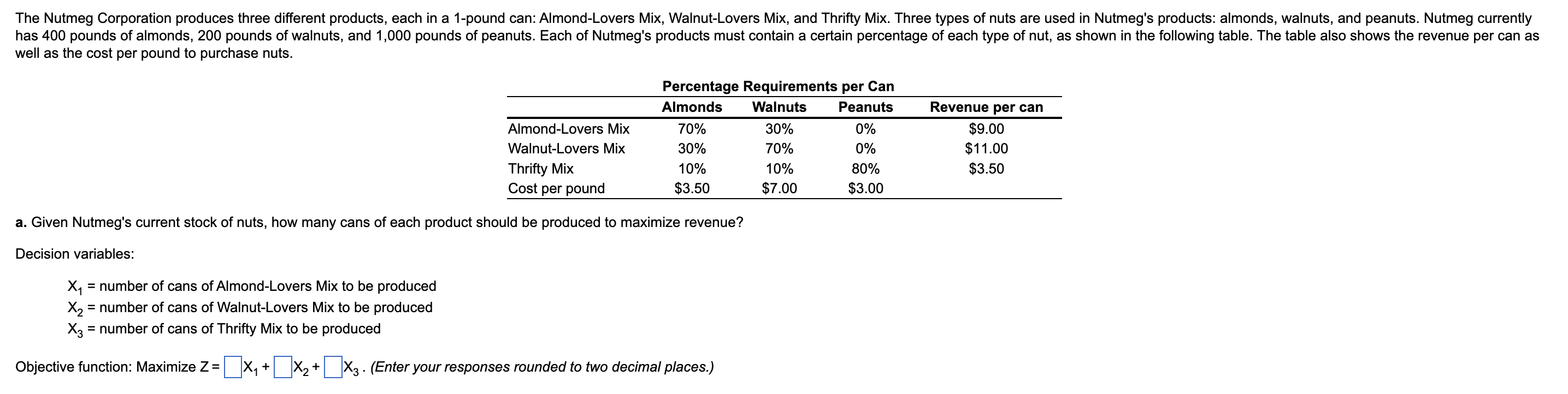 The Nutmeg Corporation produces three different