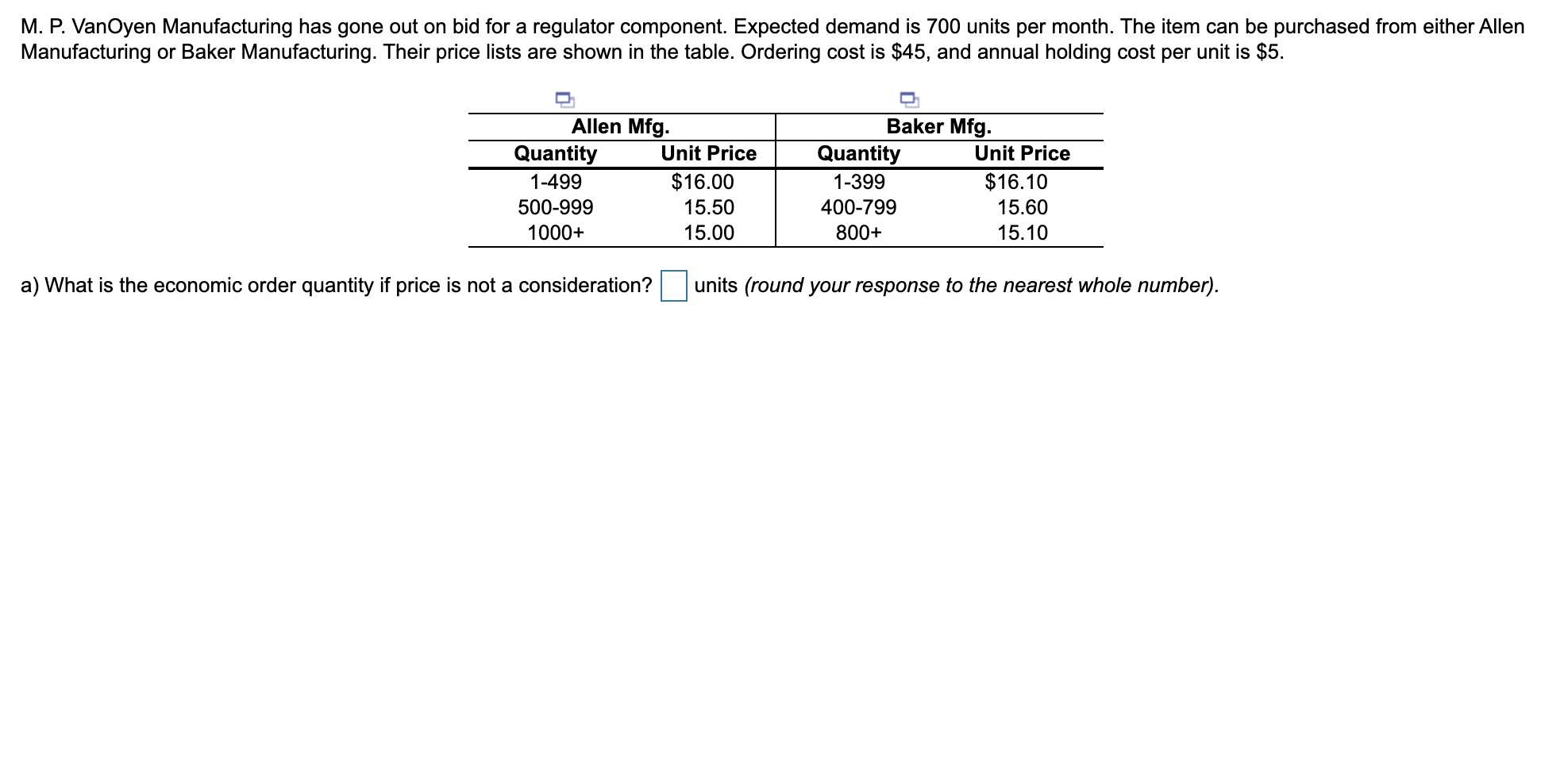 a) What is the economic order quantity if price