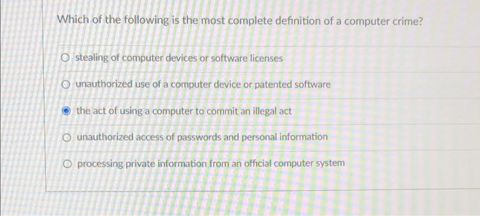 most complete definition of a computer crime
