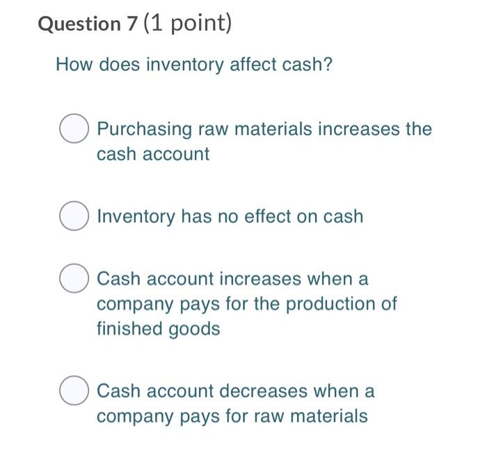 Question 7 (1 point) How does inventory affect