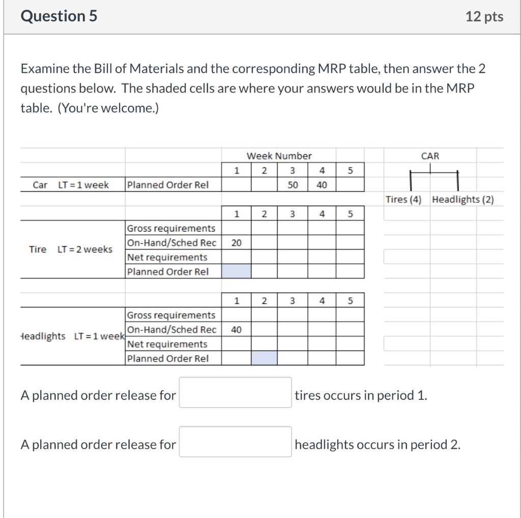 Question 5 12 pts Examine the Bill of Materials