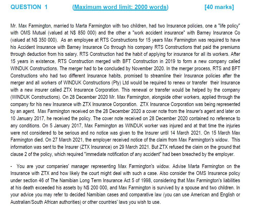 QUESTION 1 (Maximum word limit: 2000 words [40