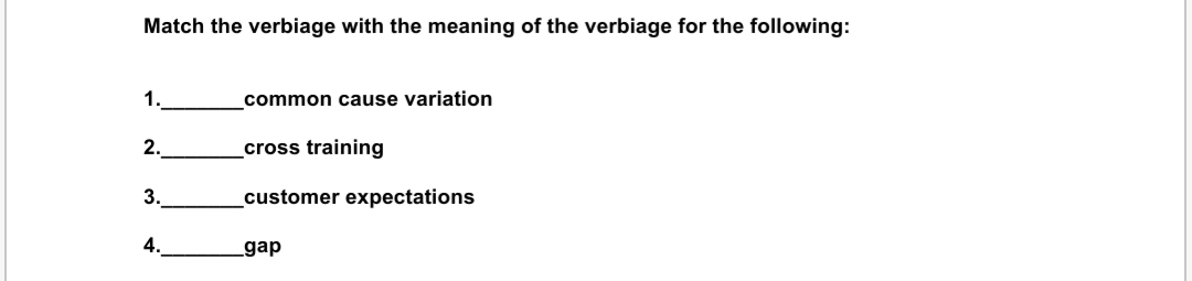 Match the verbiage with the meaning of the