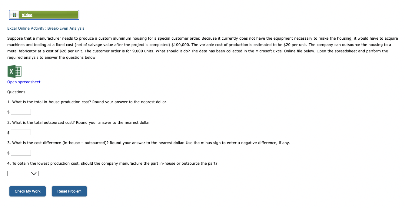 Video Excel Online Activity: Break-Even Analysis