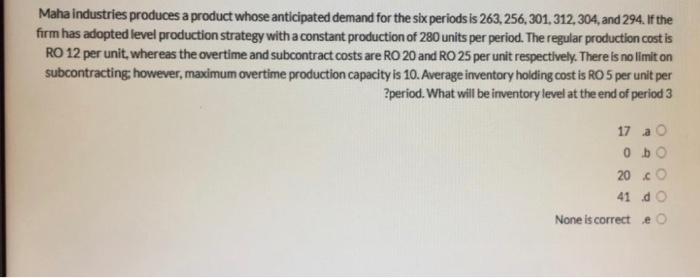 Maha industries produces a product whose