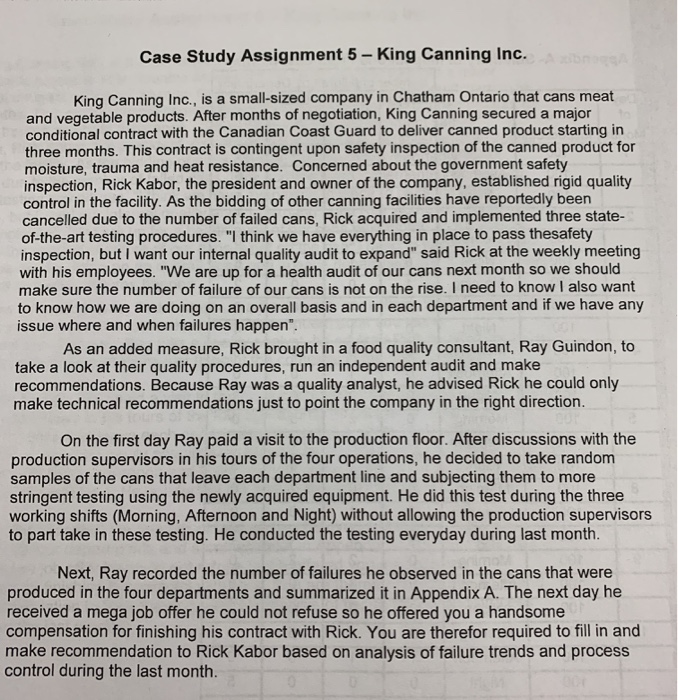 Case Study Assignment 5 - King Canning Inc. King