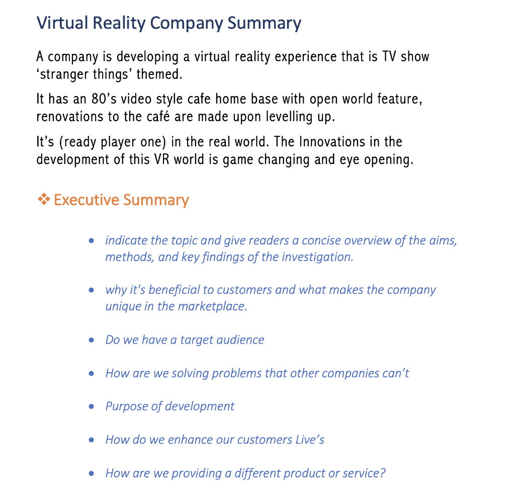 Virtual Reality Company Summary A company is